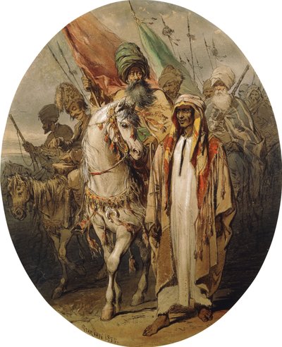 Guerreros árabes avanzando, 1855 de Amadeo Preziosi