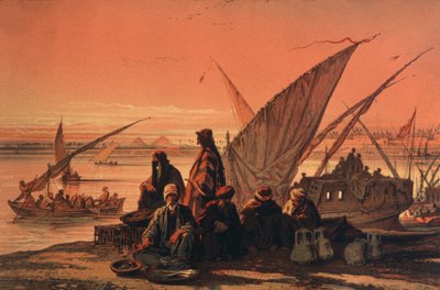 Barcos en el río Nilo, cerca de las pirámides de Amadeo Preziosi