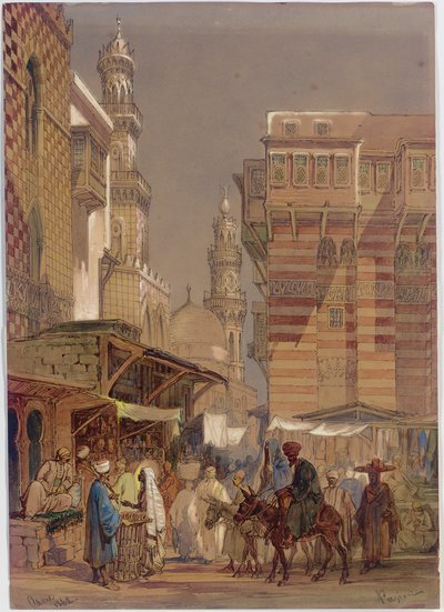 Día de mercado en el Mu"izz id-Din li-Lah, El Cairo antiguo, 1862 de Amadeo Preziosi