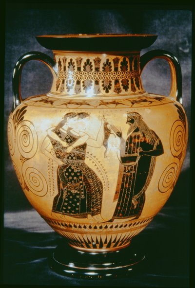 Ánfora de figuras negras áticas que representa una escena dionisíaca, 540-530 a.C. de Amasis Painter