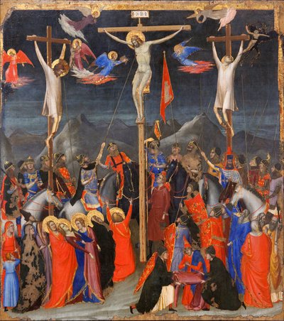 La Crucifixión - A los lados, representación del buen ladrón (también llamado San Dimas o Dysmas) y del mal ladrón (Gesmas o Gestas), dos ladrones crucificados con Jesucristo - Inscripción INRI (I N R I) en la cruz - Pintura de Gio de Ambrogio Bondone (workshop) Giotto