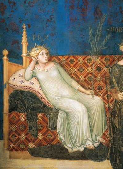 Alegoría del Buen Gobierno, paz, (detalle) de Alegoría y Efectos del Buen y Mal Gobierno en la Ciudad y el Campo de Ambrogio Lorenzetti