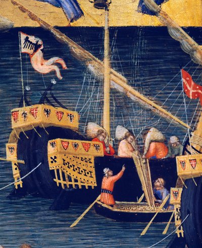 Barcos (detalle) del milagro del trigo, milagros de San Nicolás de Bari de Ambrogio Lorenzetti