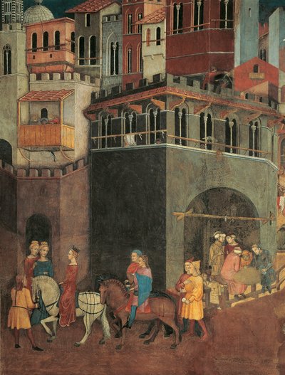 Efectos del Buen Gobierno en la ciudad, Procesión de la Nobleza en las calles de la ciudad, (detalle) de Alegoría y Efectos del Buen y Mal Gobierno en la Ciudad y el Campo de Ambrogio Lorenzetti