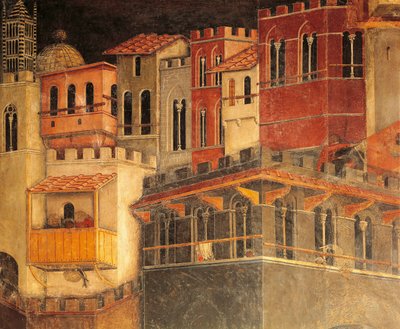 Efectos del buen gobierno en la ciudad, casas, detalle de Alegoría y efectos del buen y mal gobierno en la ciudad y el campo por Ambrogio Lorenzetti, detalle Sala de la Paz, Palazzo Publico, Siena de Ambrogio Lorenzetti