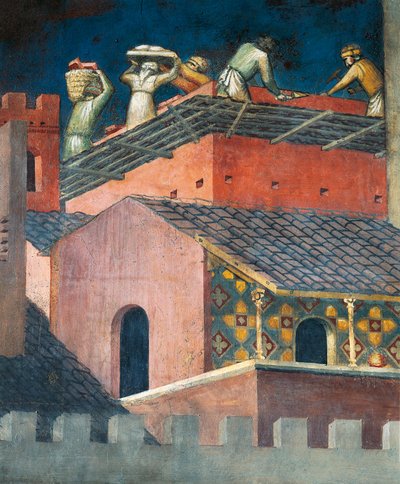 Efectos del Buen Gobierno en la ciudad, albañiles trabajando, (detalle) de Alegoría y Efectos del Buen y Mal Gobierno en la Ciudad y el Campo de Ambrogio Lorenzetti