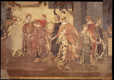 Efectos del Buen Gobierno en la Ciudad, detalle de bailarines y tamborileros, 1338-40 de Ambrogio Lorenzetti