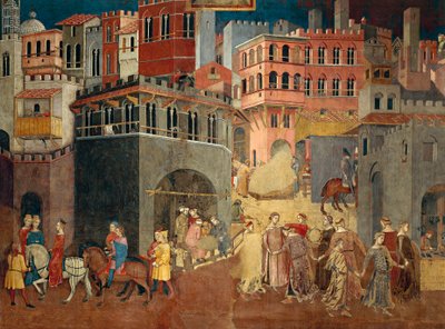 Efectos del buen gobierno en la ciudad, detalle de Alegoría y efectos del buen y mal gobierno en la ciudad y el campo de Ambrogio Lorenzetti