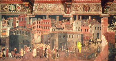 Efectos del buen gobierno en la ciudad, detalle de la Alegoría y efectos del buen y mal gobierno en la ciudad y el campo de Ambrogio Lorenzetti