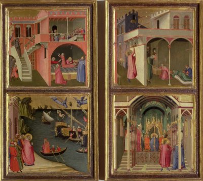 Cuatro escenas de la vida de San Nicolás: San Nicolás da la dote a tres niñas; San Nicolás es elegido obispo de Mira; Resucitando a un niño estrangulado por el Diablo; Liberando a Mira de la hambruna de Ambrogio Lorenzetti