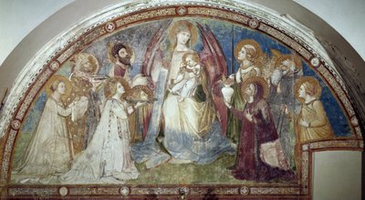 Maestà - La Virgen y el Niño, rodeados de santos y el Arcángel Miguel de Ambrogio Lorenzetti