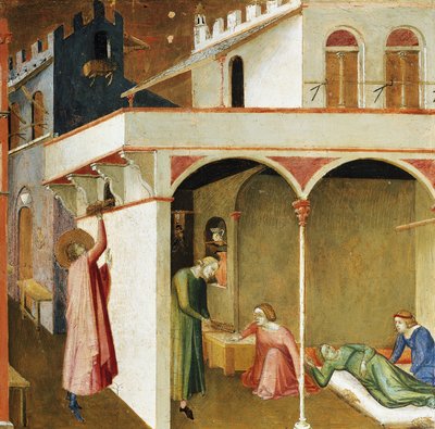 Nicolás arroja dinero en la casa de tres jóvenes para evitar que se prostituyan, dotándolas para el matrimonio de Ambrogio Lorenzetti