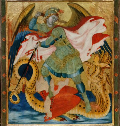 San Miguel Arcángel matando al dragón entre los santos Benito y Bartolomé (temple sobre tabla) de Ambrogio Lorenzetti