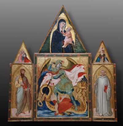 San Miguel Arcángel matando al dragón entre los santos Benito y Bartolomé (temple sobre tabla) de Ambrogio Lorenzetti