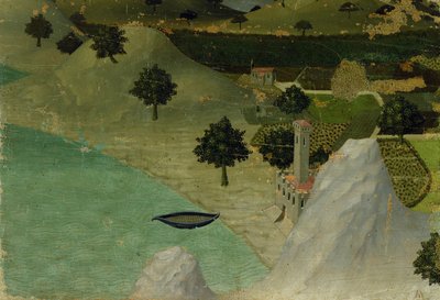 Vista de un castillo al borde de un lago de Ambrogio Lorenzetti