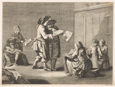 Cinco hombres y mujeres mirando las huellas de Ambrogio Orio