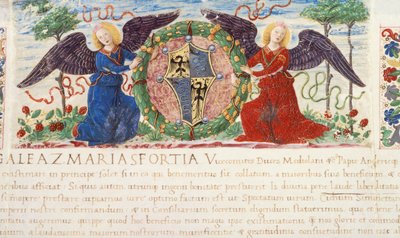 Ángeles sosteniendo un escudo con el escudo de armas de Sforza, miniatura de Ambrogio Bergognone de un manuscrito, Italia 1477 de Ambrogio da Fossano (c.1460 1523)