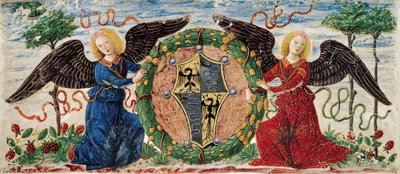 Ángeles sosteniendo escudo con el escudo de armas de Sforza, pergamino miniado de Borgoña de Ambrogio da Fossano (c.1460 1523)