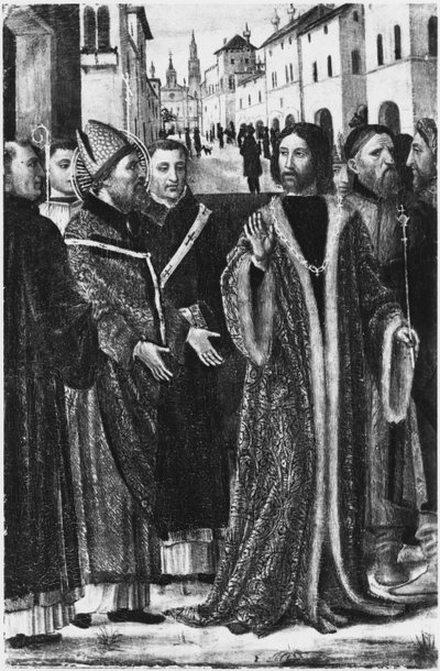 San Ambrosio niega la entrada al emperador romano Teodosio I el Grande a la iglesia en Milán de Ambrogio da Fossano (c.1460 1523)