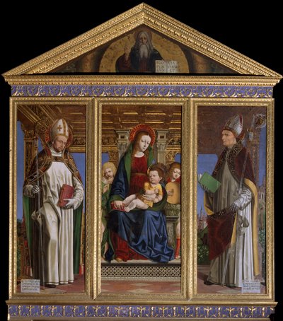 Virgen y Niño con los Santos San Hugo de Avalon (o Hugo de Lincoln) (1140-1200) y San Hugo de Grenoble (o Hugo de Chateauneuf) (1053-1132) Pintura de Ambrogio da Fossano dit il Bergognone (1481-1522) Catedral de San Justo, Susa, Turín de Ambrogio da Fossano (c.1460 1523)