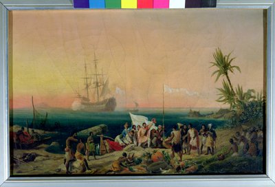 Jean de Bethencourt (c.1360-1425), navegante normando, descubriendo la isla de Lanzarote en 1402, 1848 de Ambroise Louis Garneray