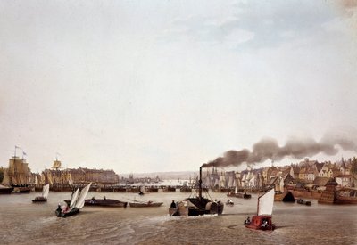 Vista del tráfico fluvial en el Sena hacia Rouen de Ambroise Louis Garneray