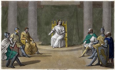 Cariberto o Chereberto, rey de París (561 - 567), en consejo, donde impartía justicia. Diseñado y grabado por Ambroise Tardieu en 1825 de Ambroise Tardieu