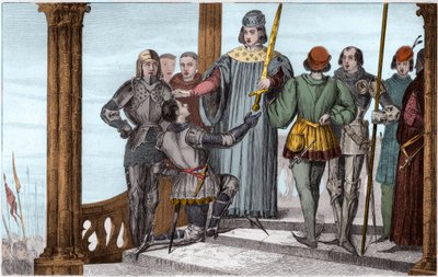 Carlos V (1358-80) el Sabio presenta su espada a Duguesdin - Carlos V el Sabio (1338-1380) presenta solemnemente la espada del condestable Bertrand du Guesclin (1320-1380) - Grabado de 1825 en “Histoire de France” de Ambroise Tardieu