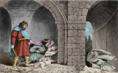Childeberto I (c498-558) en el Asesinato de los Herederos de sus Hermanos - Childeberto I deja que Clotario (Clothaire) masacre a los hijos de su hermano Clodomiro, Rey de Orleans, cuyos estados comparten - Grabado de 1825 en “Histoire de France representa de Ambroise Tardieu