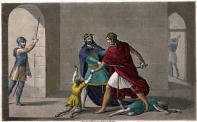 Childeberto I dejó que Clotario (Clotario) masacrara a los hijos de su hermano Clodomiro, rey de Orleans, cuyos estados compartieron. Diseñado y grabado por Ambroise Tardieu en 1825 de Ambroise Tardieu