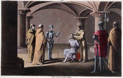 Childerico III destronado y encerrado por Pepino el Breve en un monasterio en Saint Omer entre 742 y 749. Diseñado y grabado por Ambroise Tardieu en 1825 de Ambroise Tardieu
