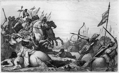 Clodion, el Peludo (c428-47) se retira a través del puente después de su derrota por Aetius de Ambroise Tardieu