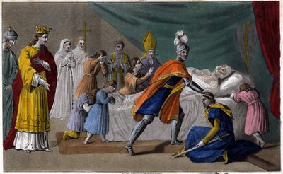 Muerte de Pepino de Herstal (635-714) rodeado de su familia - Muerte de Pepino de Herstal (abuelo de Pepino el Breve), rodeado de su familia y en presencia de Dagoberto III (714) - Dibujado y grabado por Ambroise Tardieu en 1825 de Ambroise Tardieu
