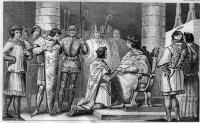 Eduardo III de Inglaterra nos obliga a pagar tributo a Felipe VI de Valois, en la catedral de Amiens en 1329 - Grabado de 1825 en 
