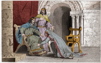 Emma besa la rodilla de su esposo Raoul (936) en reconocimiento de su soberanía - Emma de Francia (894-934) besando las rodillas de su esposo Raoul (ca. 890-936) a quien eligió como rey durante la cautividad de Carlos III el Simple - Grabado de 1825 de Ambroise Tardieu