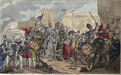 Entrada de Enrique IV en París: Enrique IV (1553 - 1610). La conversión del Rey al catolicismo dio el golpe final a la Liga, abrió las puertas de París y el corazón de sus súbditos, en 1594. - Dibujado y grabado por Ambroise Tardieu en 1825. de Ambroise Tardieu