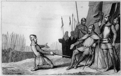 Enrique I (1008-60) perdona a su hermano Robert-Le-Vieux en 1032 - Enrique I (1008-1060), rey de Francia, agradeciendo a su hermano Robert le Vieux que se levantó contra él, y le cede el Ducado de Borgoña en 1032 - Grabado de 1825 en 