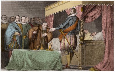 Enrique III (1551-1589), Rey de Francia, reconoce en su lecho de muerte a Enrique de Navarra (Enrique IV) como su legítimo sucesor - Saint-Cloud, 2 de agosto de Ambroise Tardieu