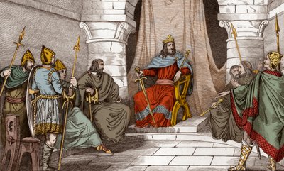 Rey Cariberto (521-567) en Consejo con Magistrados - Cariberto o Chereberto, rey de París (561-567) celebrando consejos, o impartiendo justicia - Grabado de 1825 en “Histoire de France represented by synoptic paintings dediee to the children of France and de Ambroise Tardieu