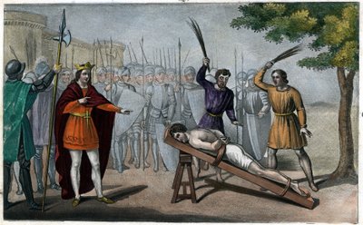 El señor Bodillon es azotado tras quejarse de la subida de impuestos de Childerico II (653-73) - Childerico II ha atado a un poste, y golpeado como a un esclavo, a un señor borgoñón llamado Badillon o Bodillon, por haberse atrevido a presentarle el peligro de Ambroise Tardieu