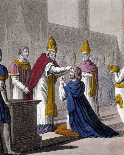 Luis II fue consagrado por segunda vez en el Concilio de Troyes por Juan VIII en 879 (detalle). Diseñado y grabado por Ambroise Tardieu en 1825 de Ambroise Tardieu