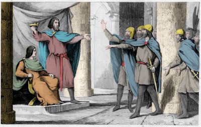 Luis V el Indolente muestra su corona a sus seguidores en 986 - Luis V el Holgazán (c. 967-987), proclamado rey de Francia por la protección de Hugo Capeto, quien se convirtió en rey de Francia, en 986 - Grabado de 1825 en “Histoire de France representada  de Ambroise Tardieu