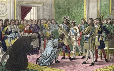 Luis XIV (1638-1715), rodeado de su familia y las figuras más importantes de la Corte, presenta a su nieto Felipe V a los enviados de España como su nuevo rey en 1700 de Ambroise Tardieu
