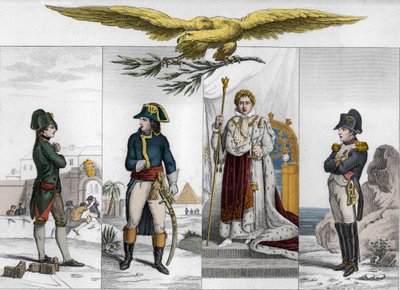 Napoleón Bonaparte (1769-1821) en cuatro etapas de su vida - Grabado de 1825 en “Historia de Francia representada por pinturas sinópticas dedicada a los niños de Francia y utilizada para su educación” de Ambroise Tardieu