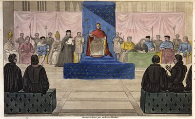 Felipe IV reúne en el Louvre a los Estados Generales, compuestos por clero, nobleza y destacados burgueses o tercer estado que fue admitido por primera vez en 1301 - Diseñado y grabado por Ambroise Tardieu en 1825. de Ambroise Tardieu