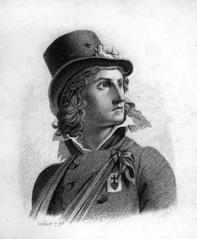 Retrato de Henri du Vergier, Conde de La Rochejaquelein (o Verger de La Rochejacquelein) (1772-1794). Lleva en el pecho la insignia de los vendedores. - en "Retratos de los generales franceses que siguieron a las victorias y conquistas de los franceses". G de Ambroise Tardieu