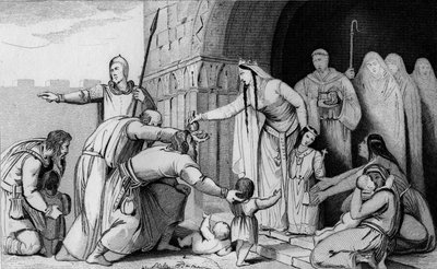 La reina Batilde (626 o 627-680) da dinero a los pobres - Batilde (o Bathilde, esposa de Clodoveo II) abole un tributo que los galos pagaban por cabeza, pequeños y grandes, encontrando que algunos padres demasiado pobres para pagar dejaban morir a sus reci de Ambroise Tardieu
