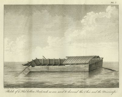 Boceto de un bote de fondo plano, como los que se usan para descender el Ohio y el Mississippi, publicado en 1826 de Ambroise Tardieu