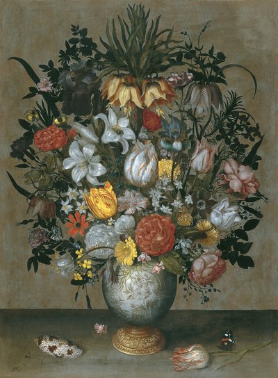 Jarrón chino con flores, conchas e insectos de Ambrosius Bosschaert the Elder