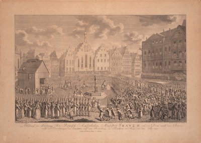 Procesión de coronación de Francisco II desde la Catedral de Frankfurt hasta Römerberg en julio de 1792 de Ambrosius Gabler